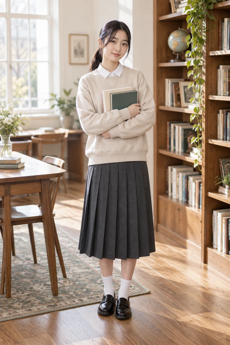 책을 안고 서가 앞에 서 있는 여학생