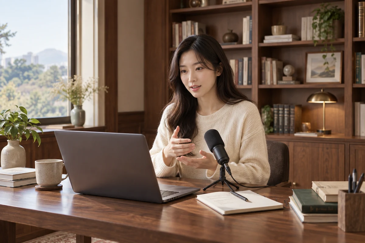 마이크와 노트북으로 말하기를 연습하는 학습자